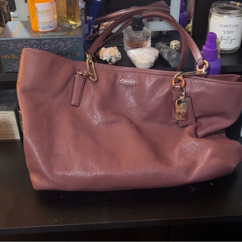 Coach Purple and Tan Leather Tote Bag with Spacious Design